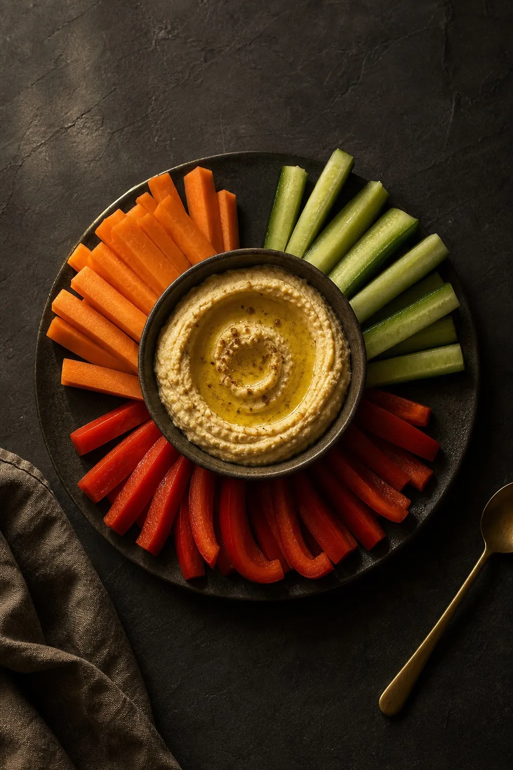 Hummus and crunchy vegetable plate