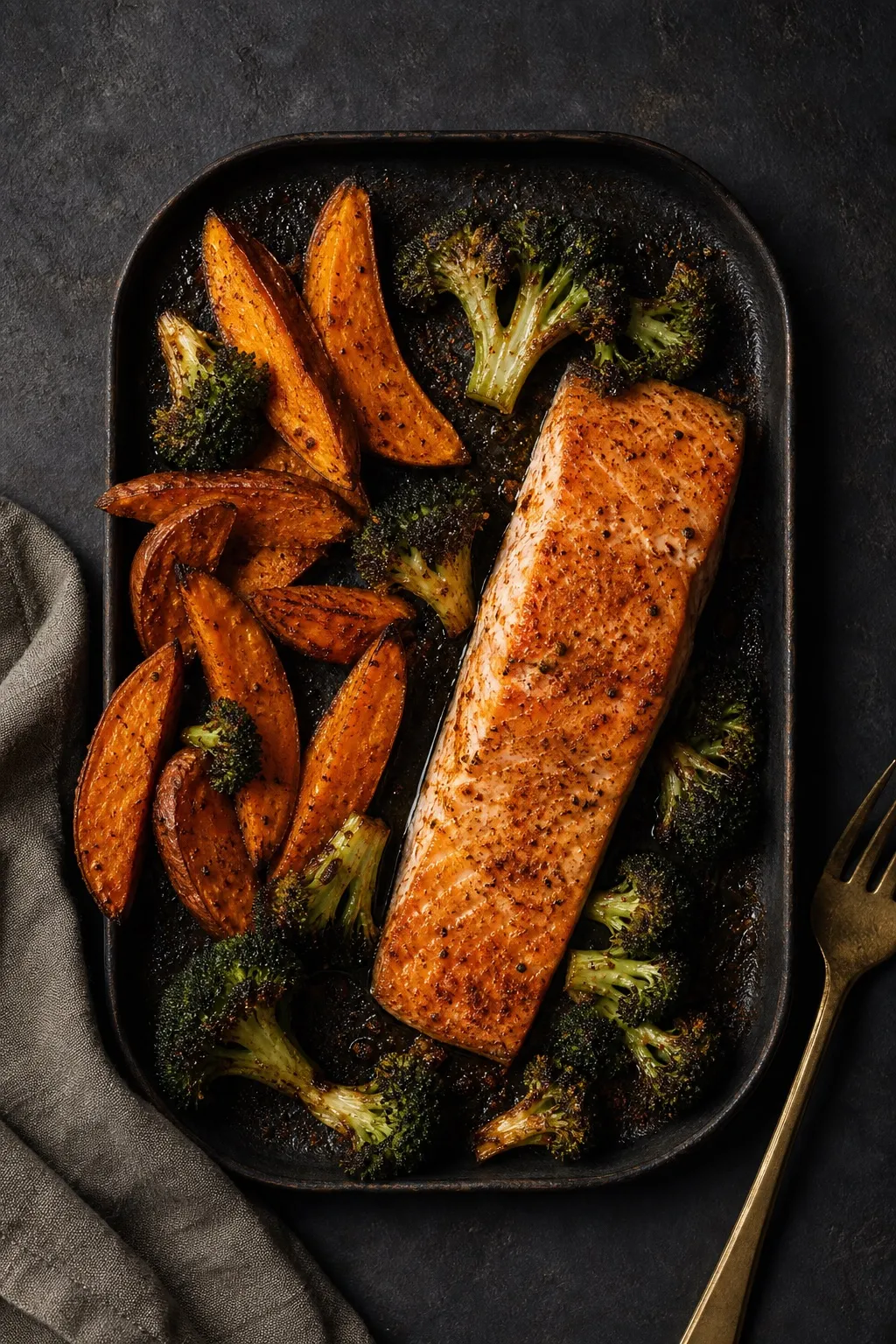 Salmon with roasted sweet potato and broccoli