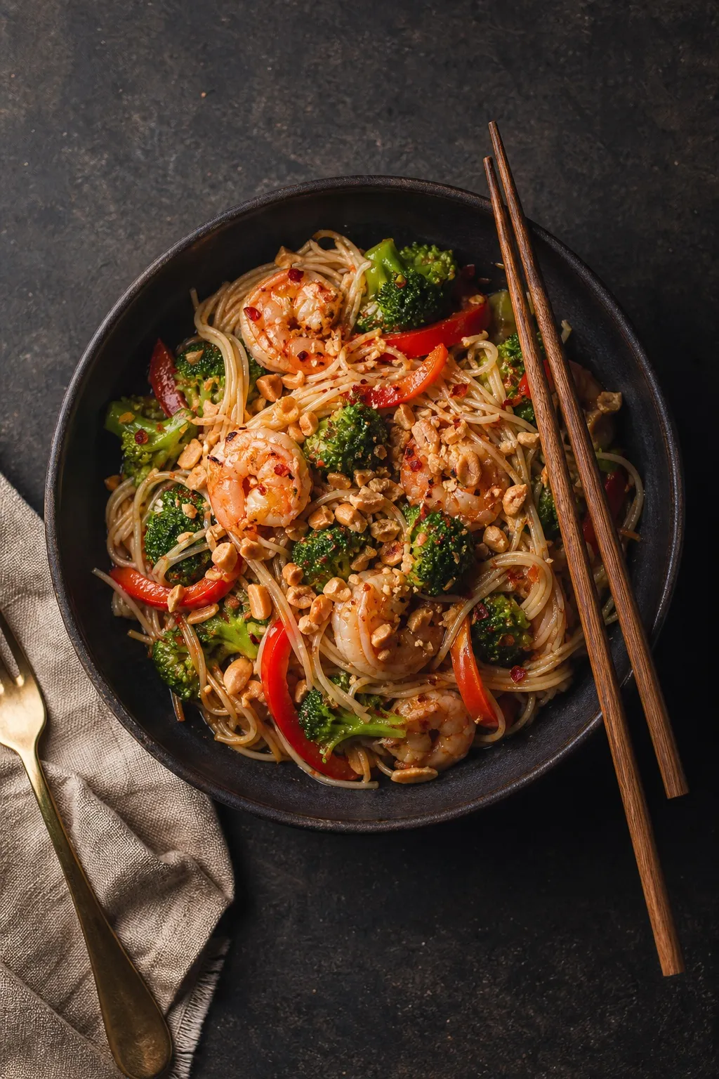 Shrimp and rice noodle stir-fry