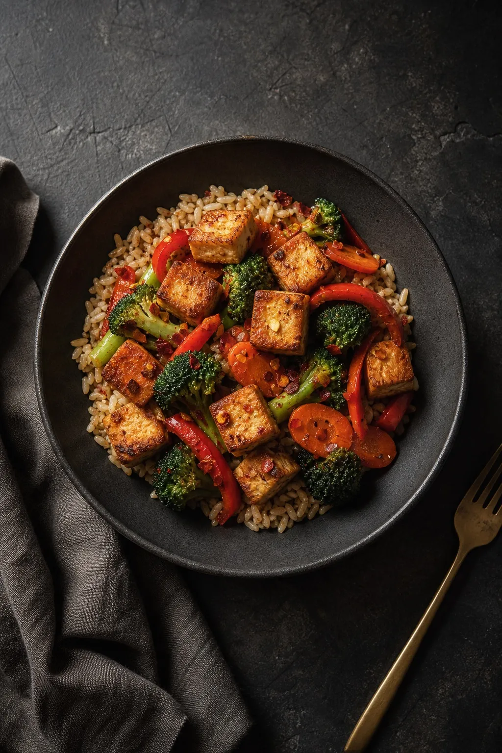 Crispy tofu with vegetables and brown rice